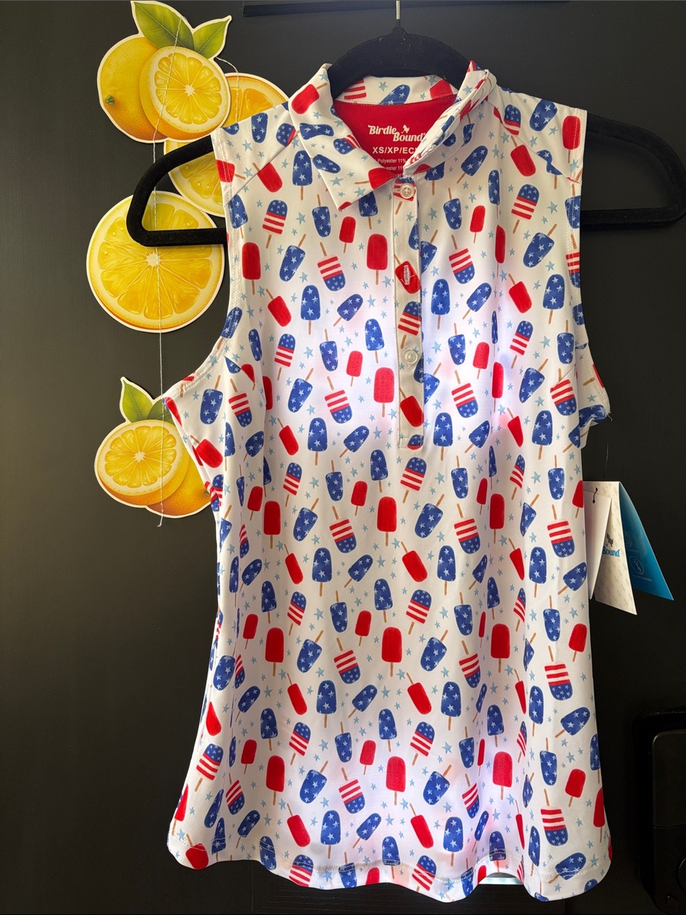 Birdiebound Sleeveless White Patriotic Pop Print Polo Golf Tank NWT